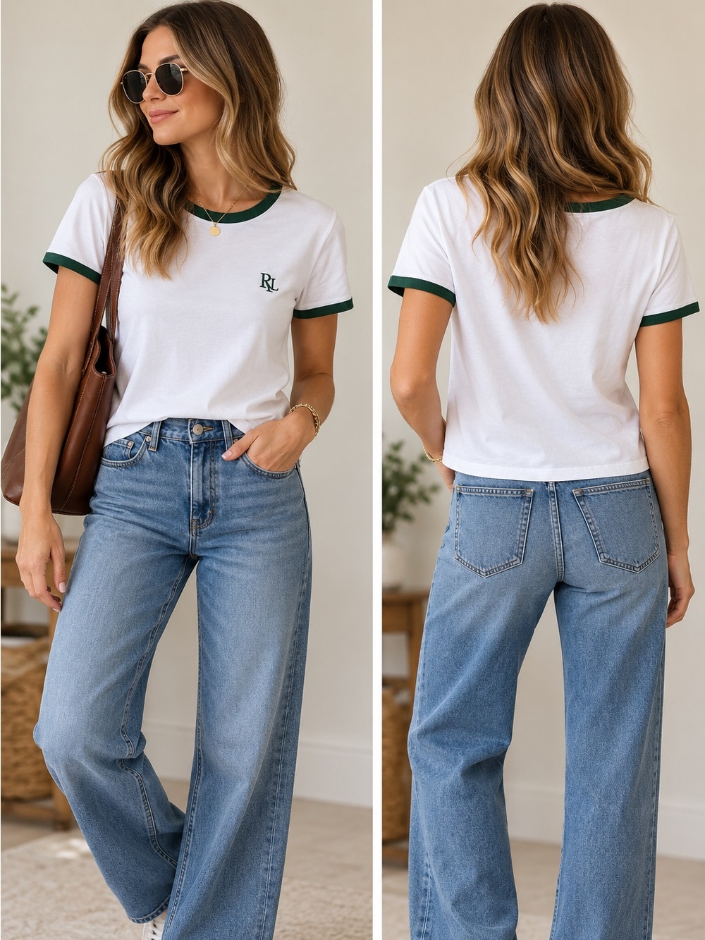 Zara Minimalist Y2K White Tee with Green Trim and Monogram size Medium
